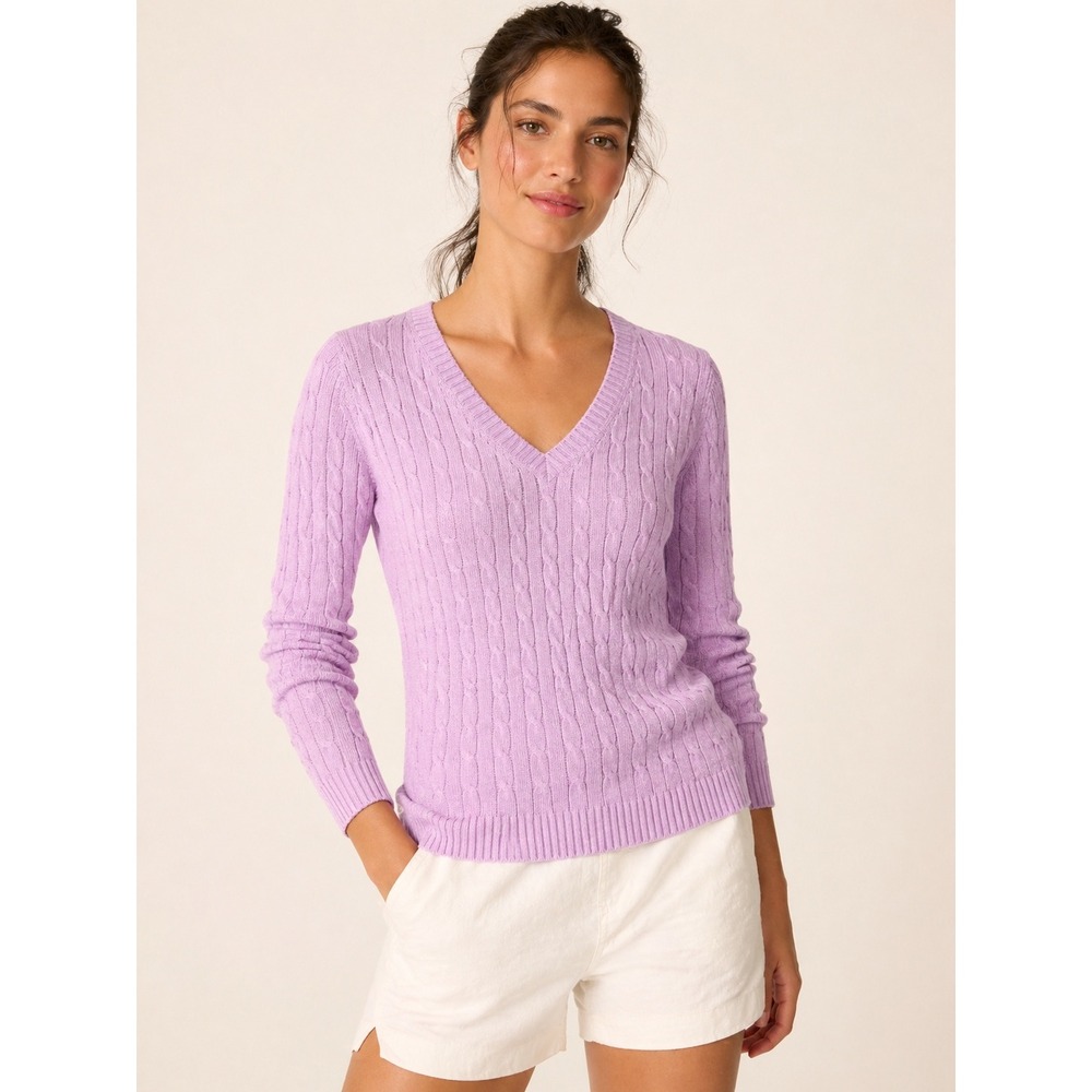 Loft Womens Preppy Cable Knit V Neck Sweater Lavender‎ Medium Soft Cozy Pullover